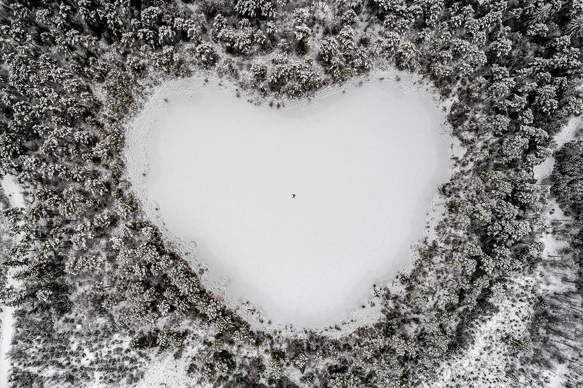 A frozen lake shaped like heart.