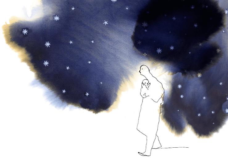 An illustration of person with a child in their arms, walking under a starry sky.