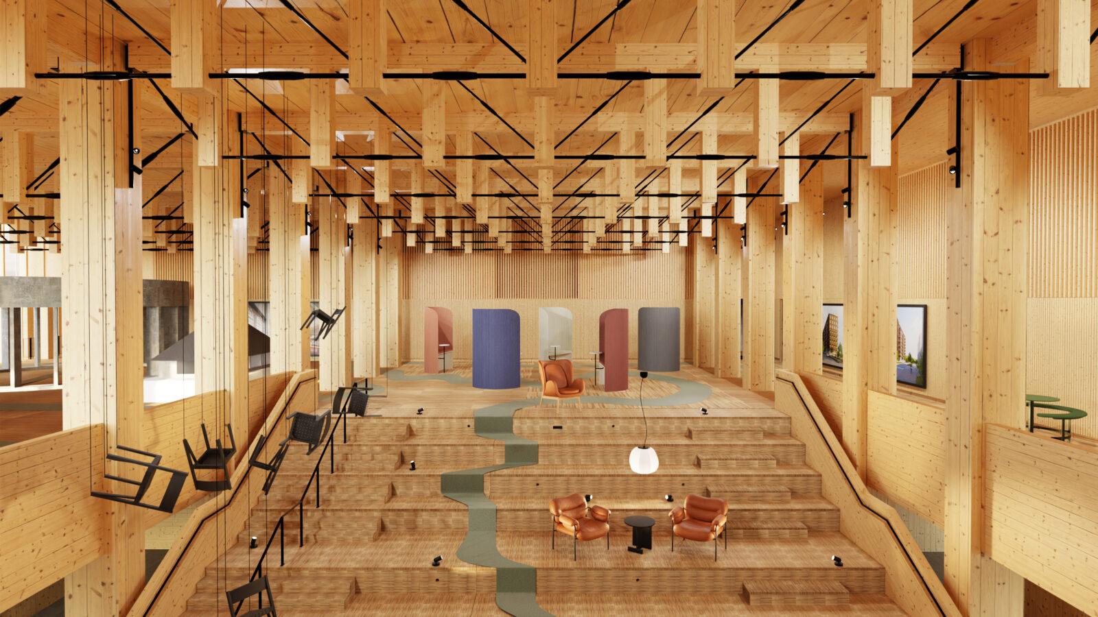 A digital presentation of a wood building with different design objects, such as chairs.