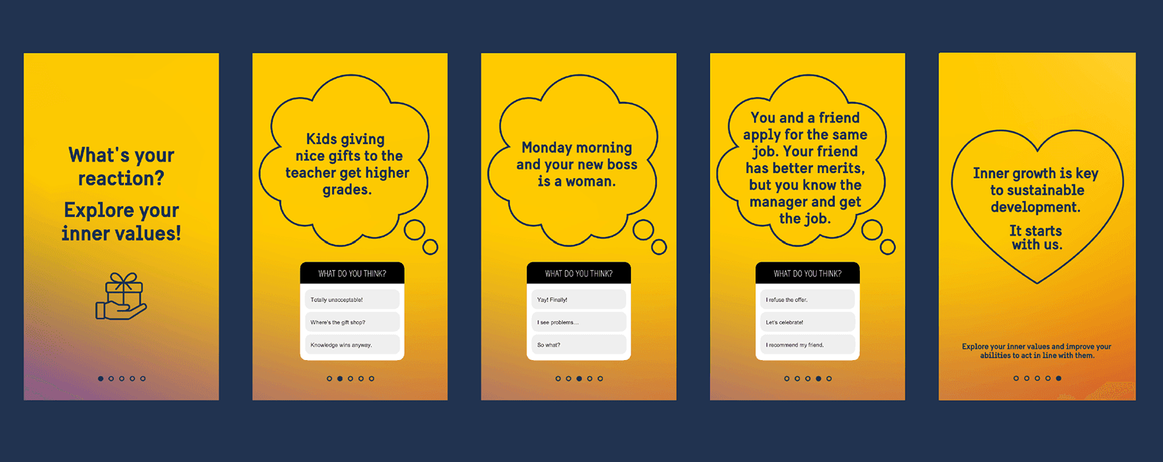 A story consisting of 5 images starting with the question 'What's your recation?' Explore your winner values'. 