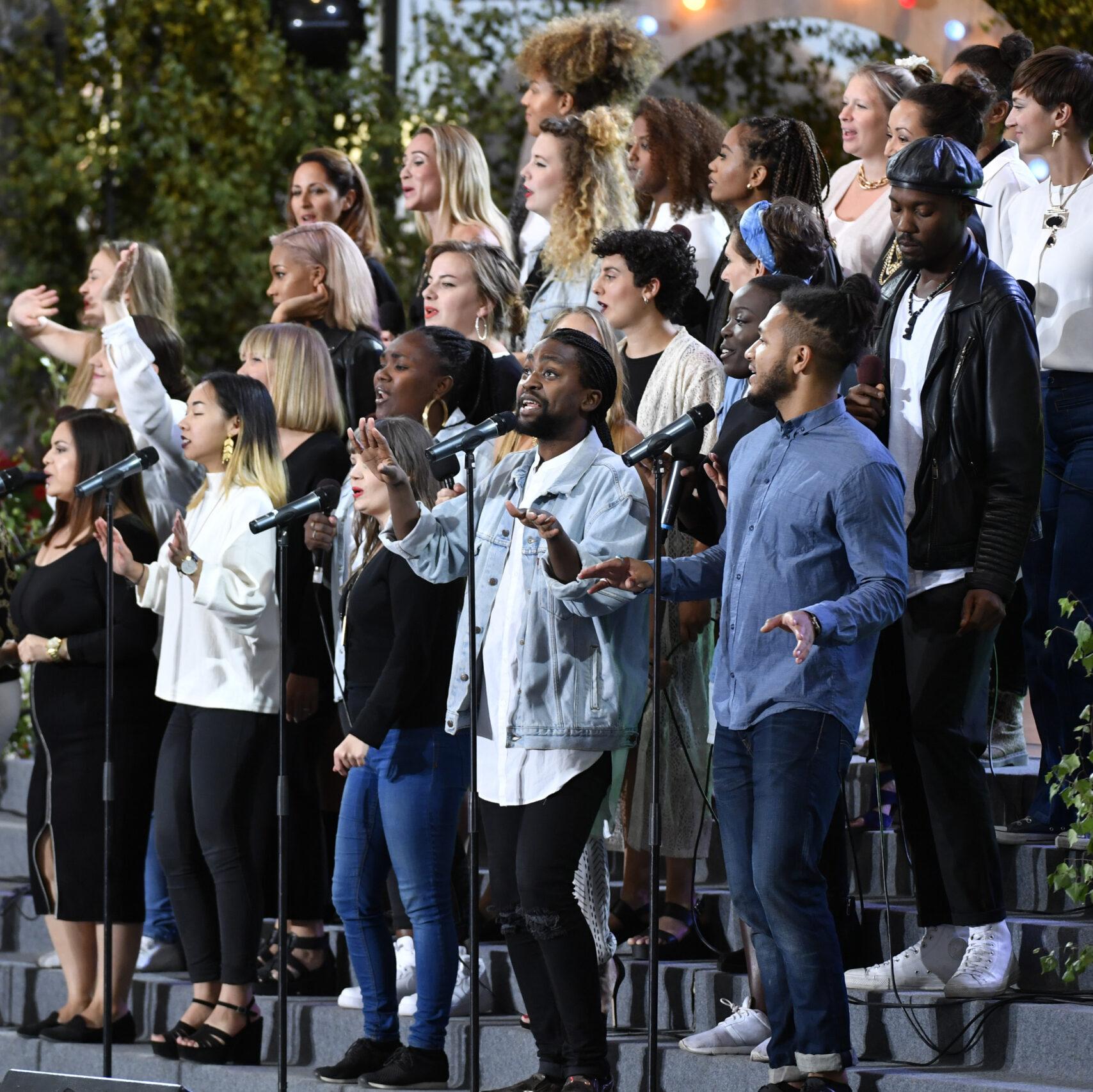 A gospel choir on stage.