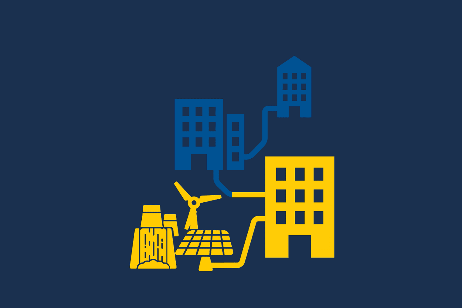 Illustration of sustainable electricity, such as wind, water and solar, delivered to buildnings.