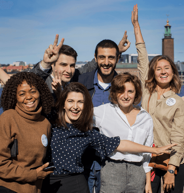 Students from different countries in front of Stockholm city hall.