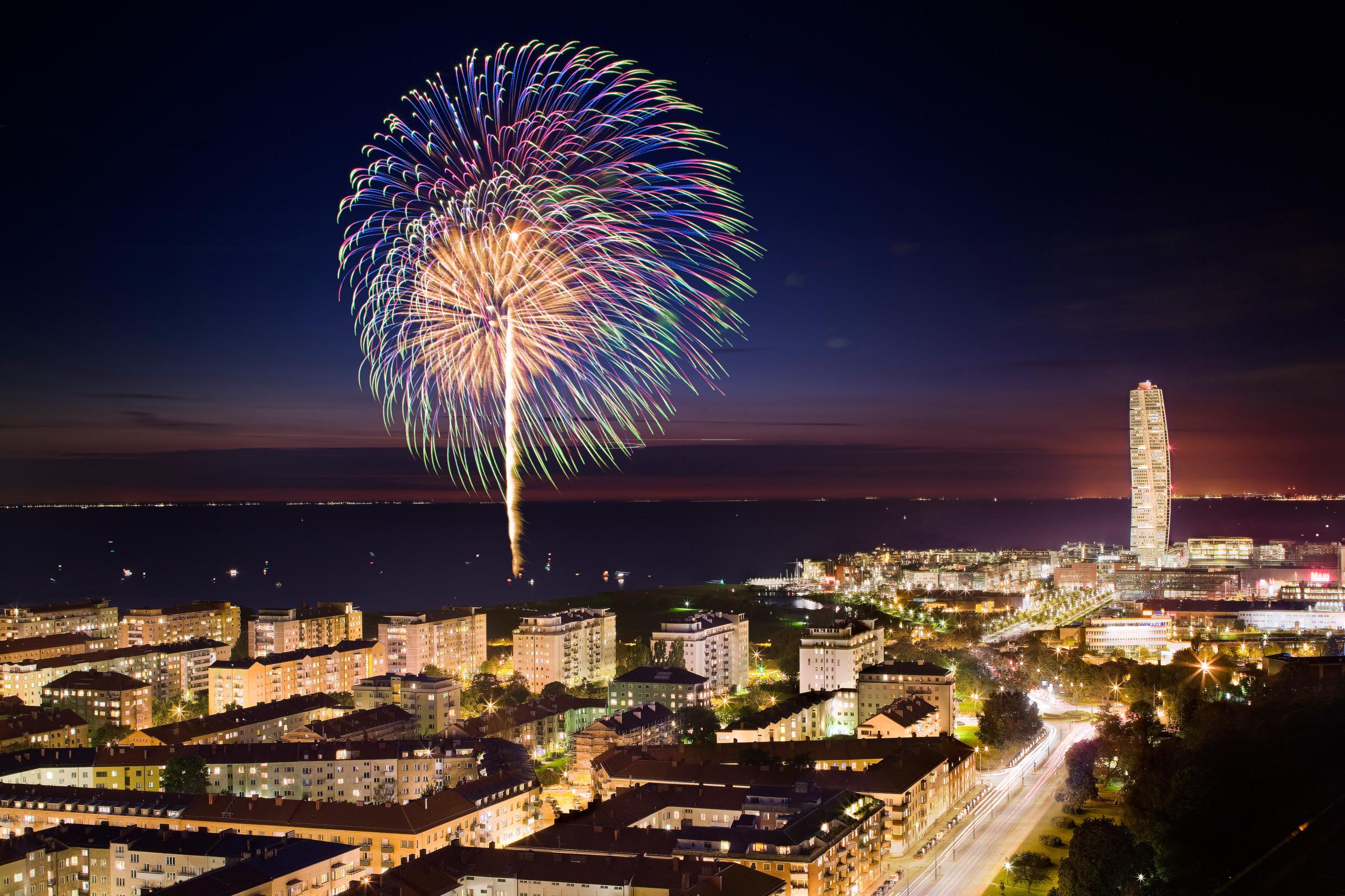 Fireworks over a city