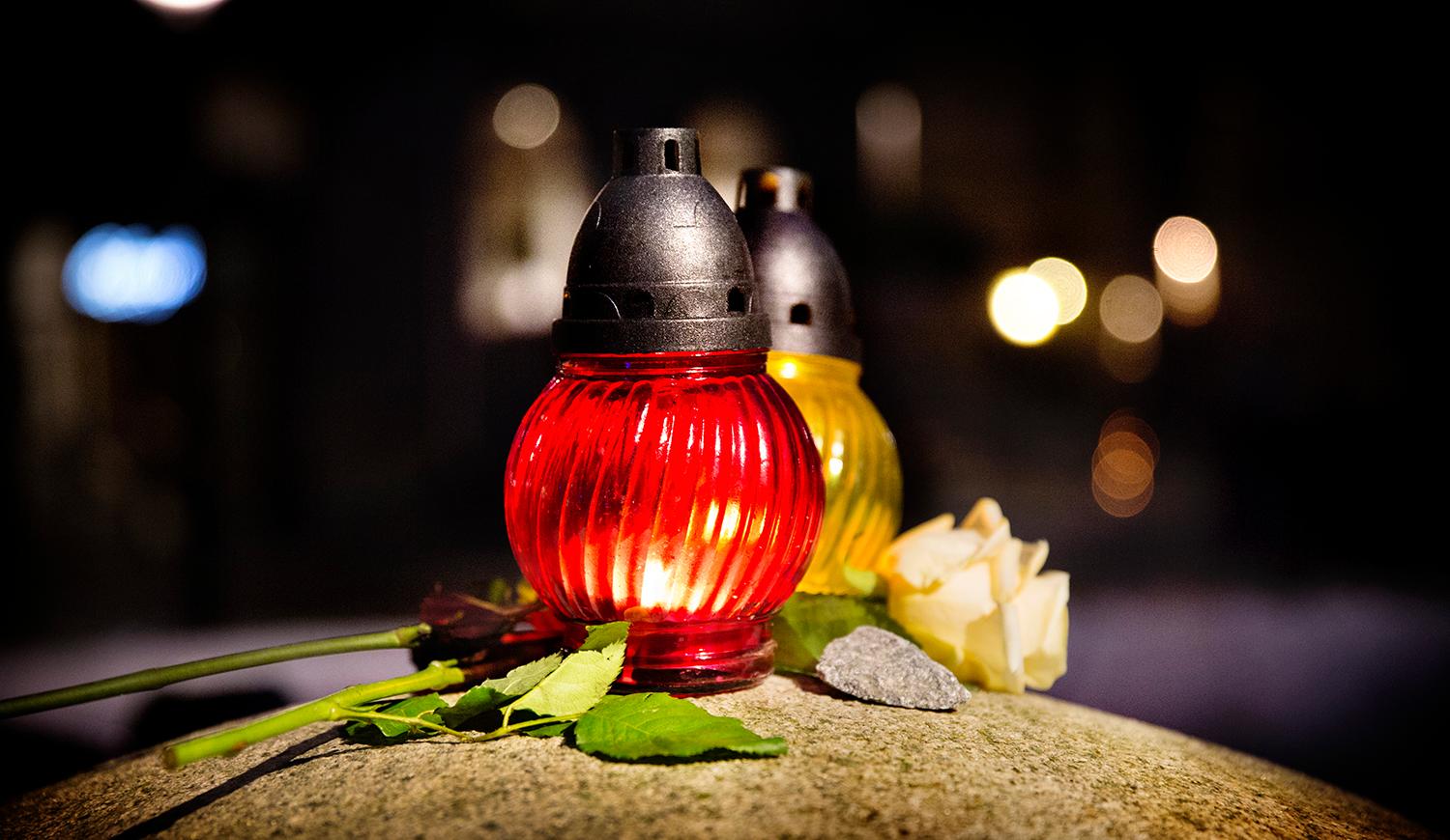 A red lantern next to a white rose.