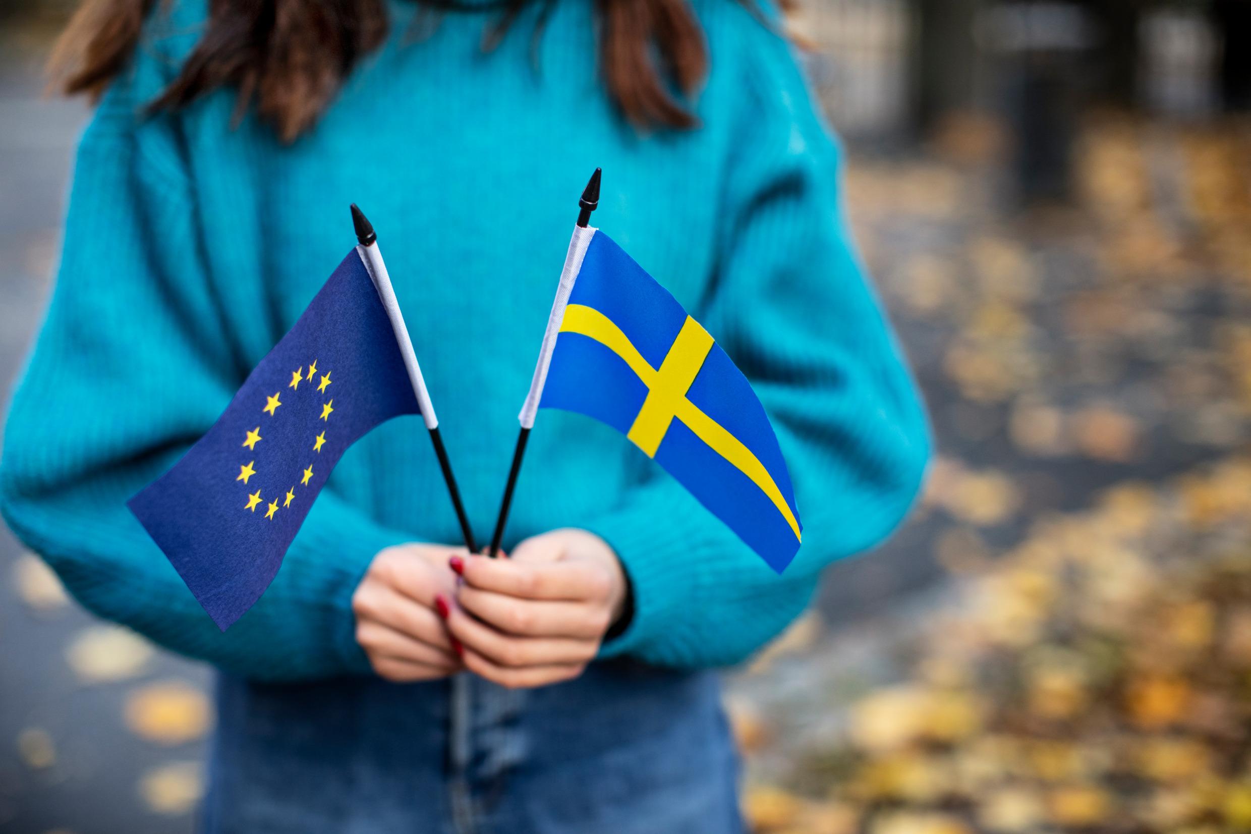 A girl holding two small paper flags: the Swedish flag and the flag for the European Union, both blue and yellow.