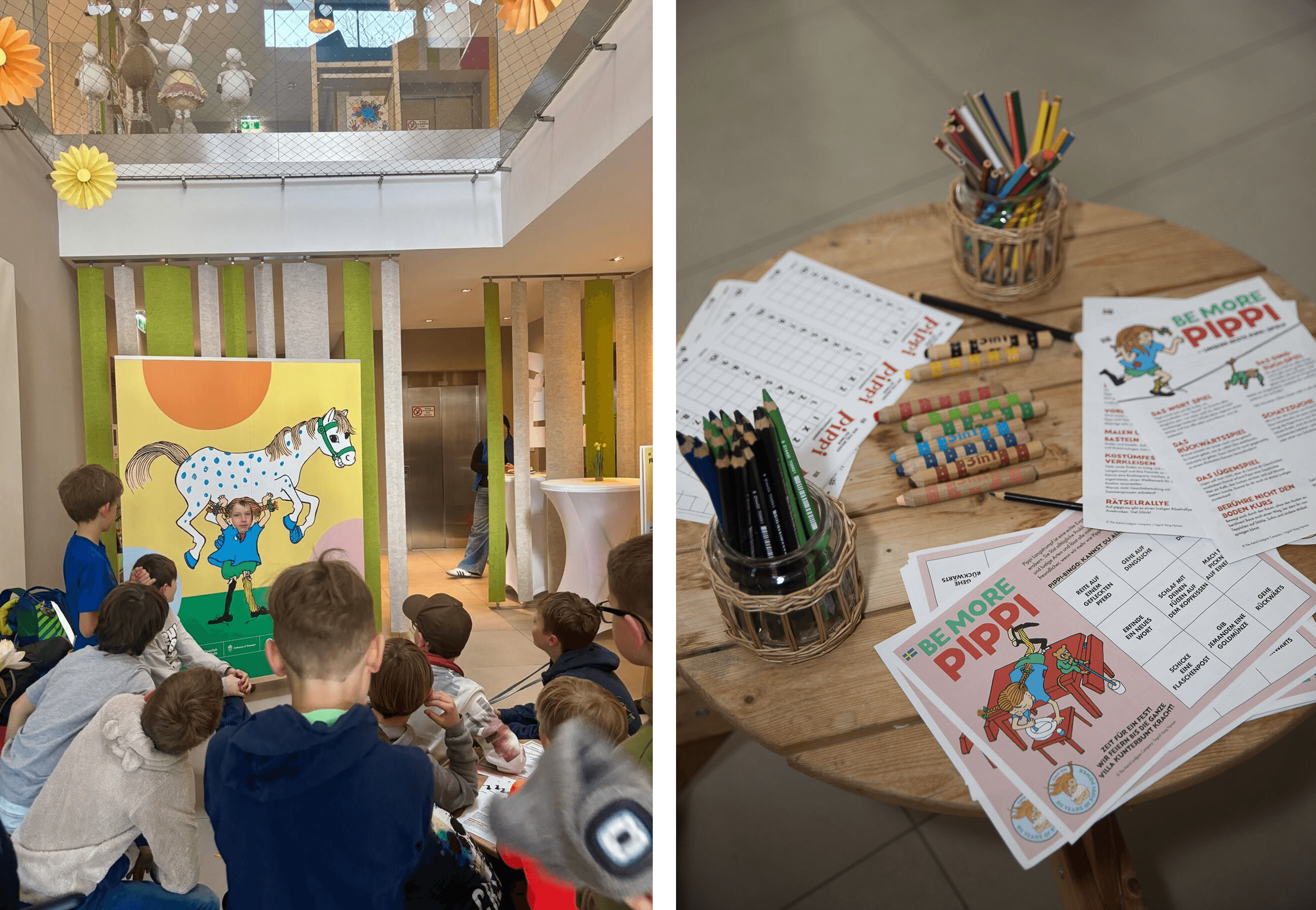 Children using the Pippi cutout board and a table with crafting materials.
