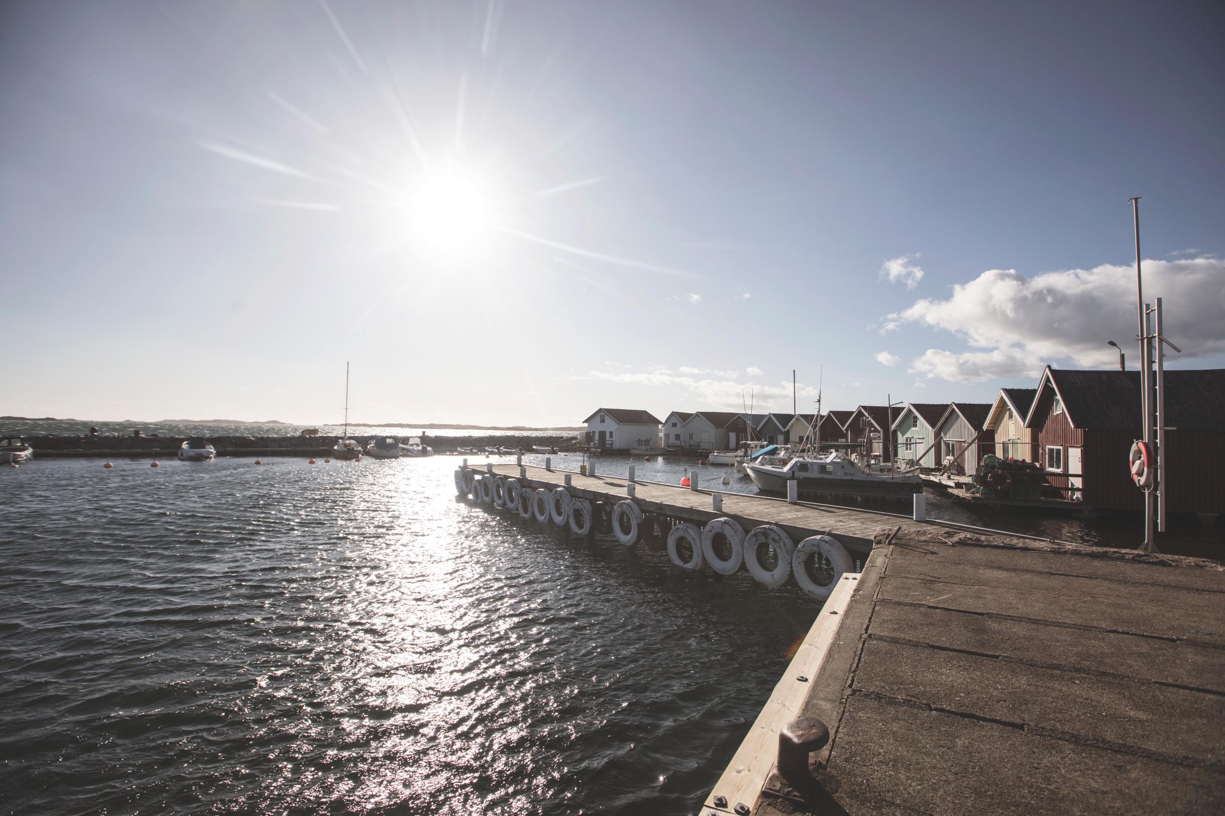A small harbour with wooden boat houses.