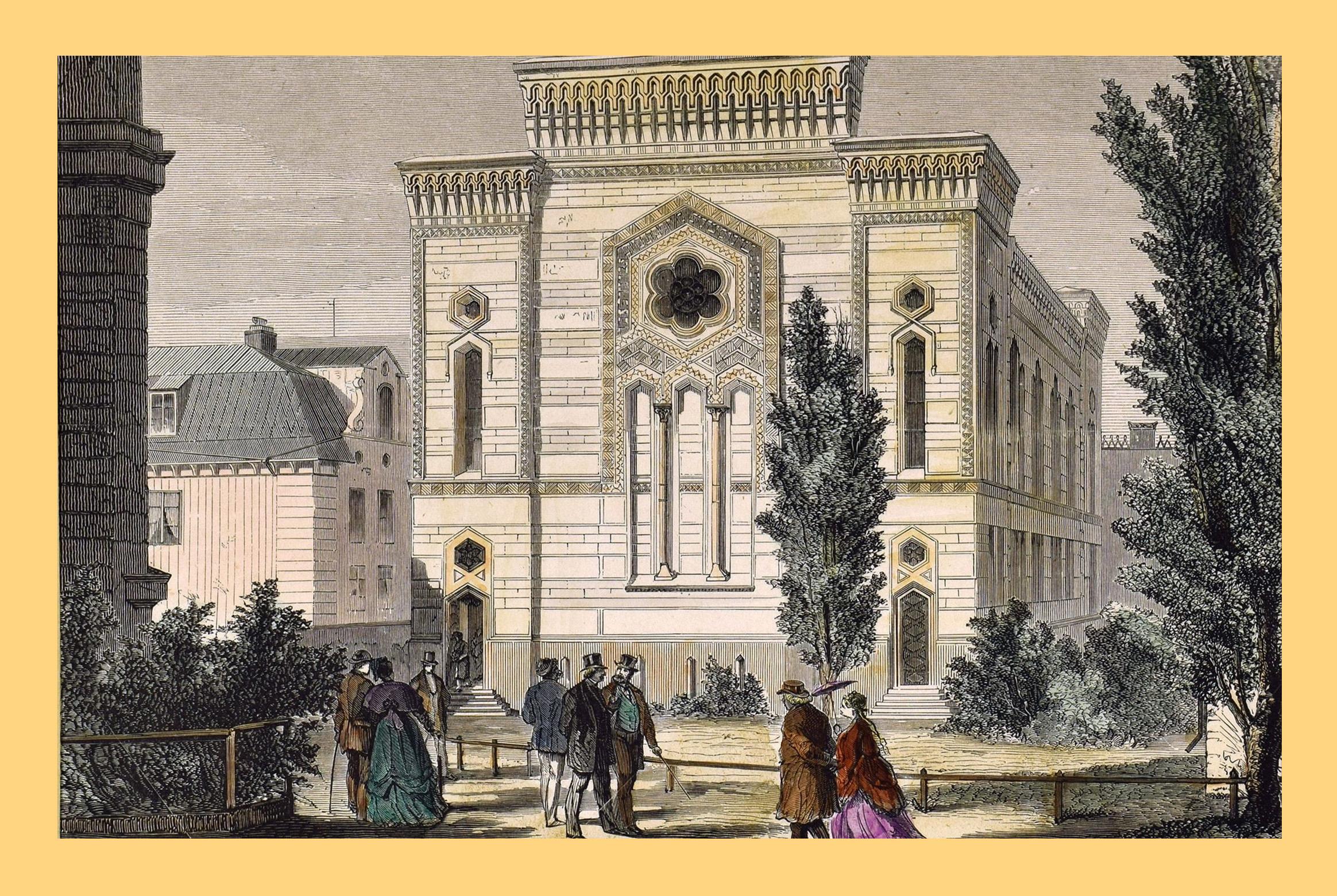 A drawing of a synagogue and people.