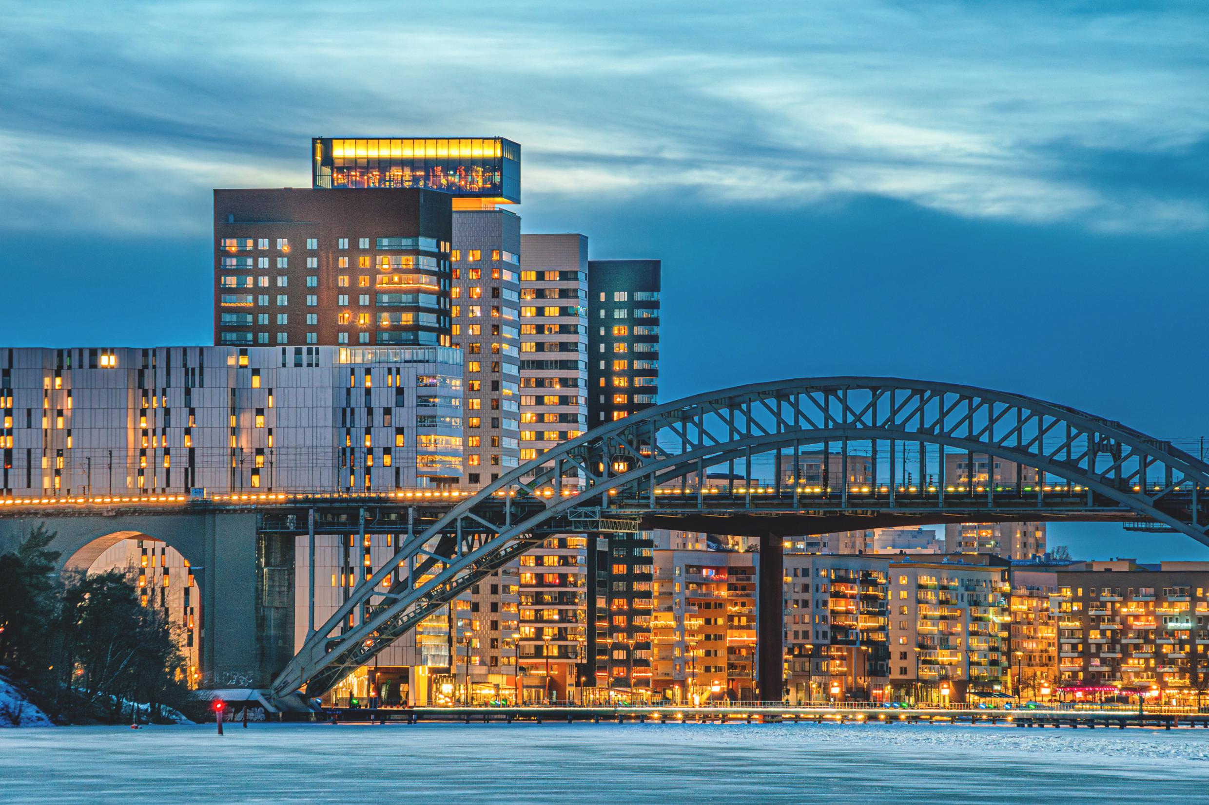 A well-lit city landscape.
