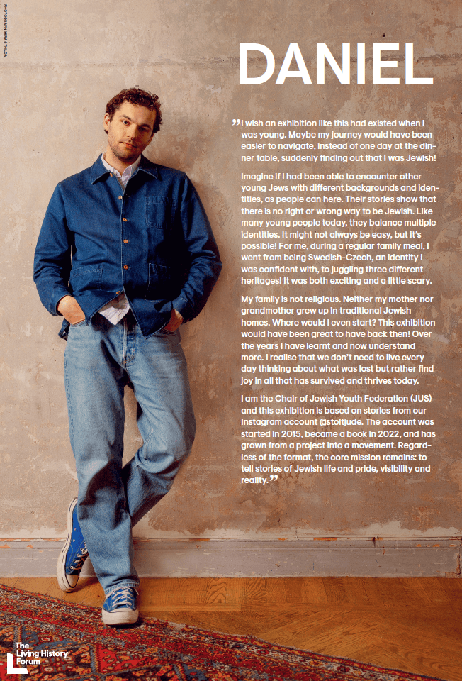 Image of Daniel standing up all dressed in jeans clothing with his story written next to him.
