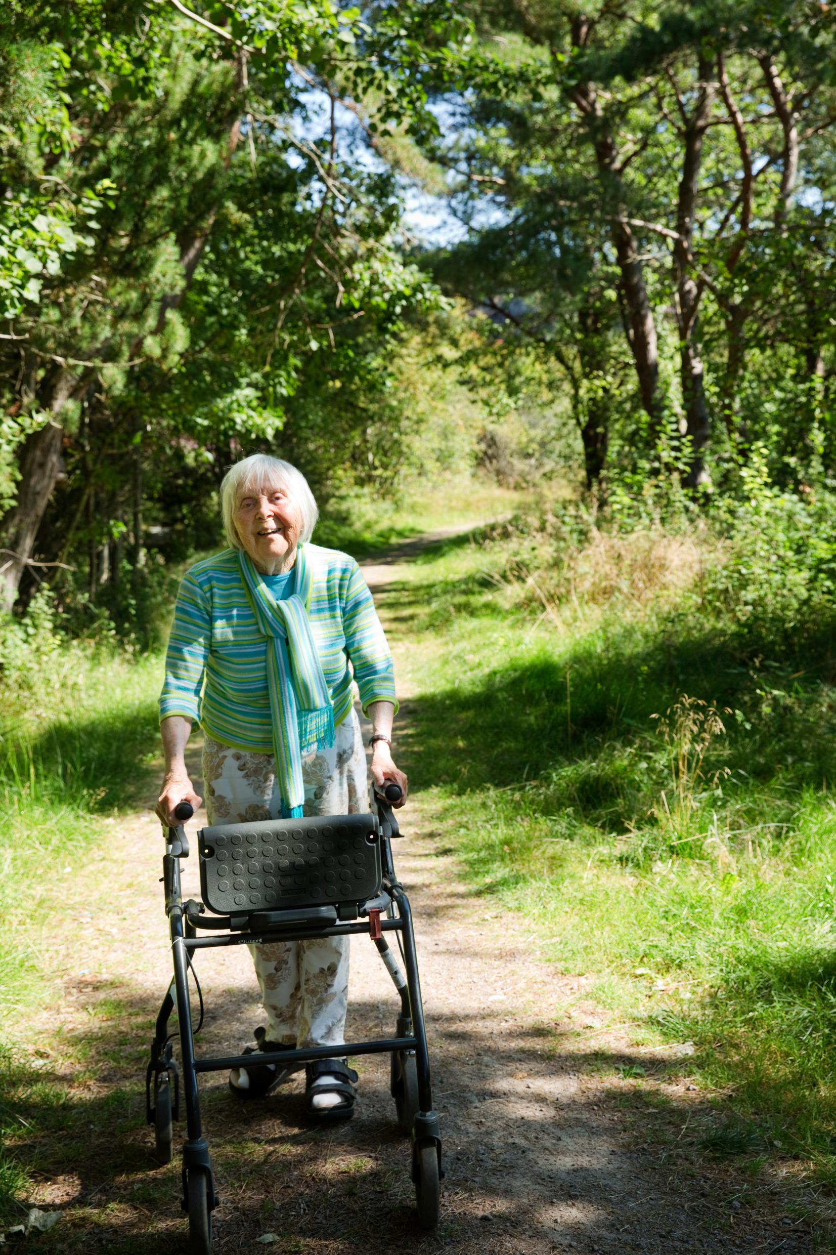 A woman uses a walking aid on her forest stroll.