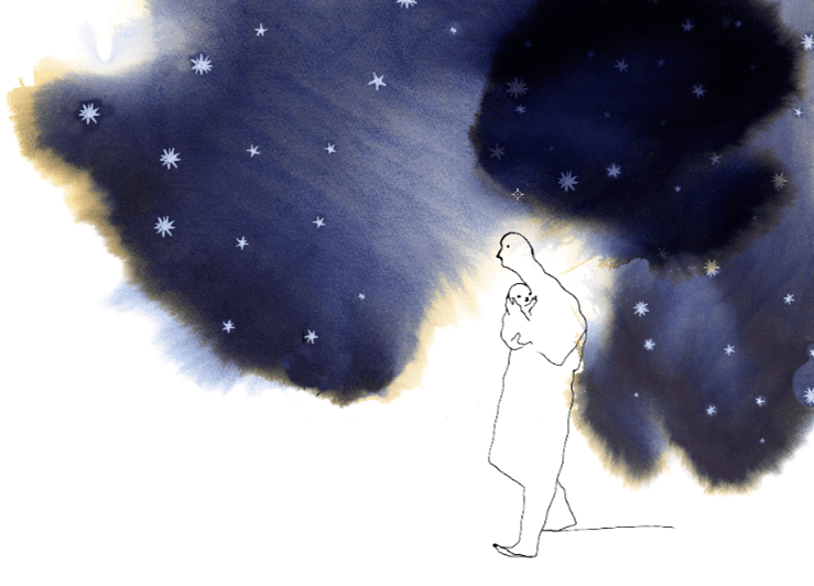 A person with a child held protectively in their arms, walking under a starry sky.