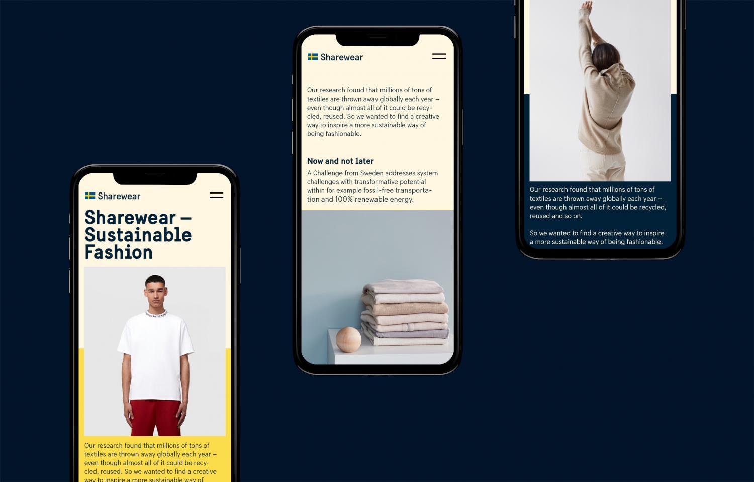 Three mobile screens showing web content in the Brand Sweden identity.