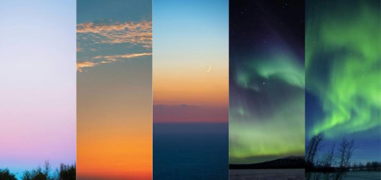 A collage of photos of the sky, from sunset to northern lights.