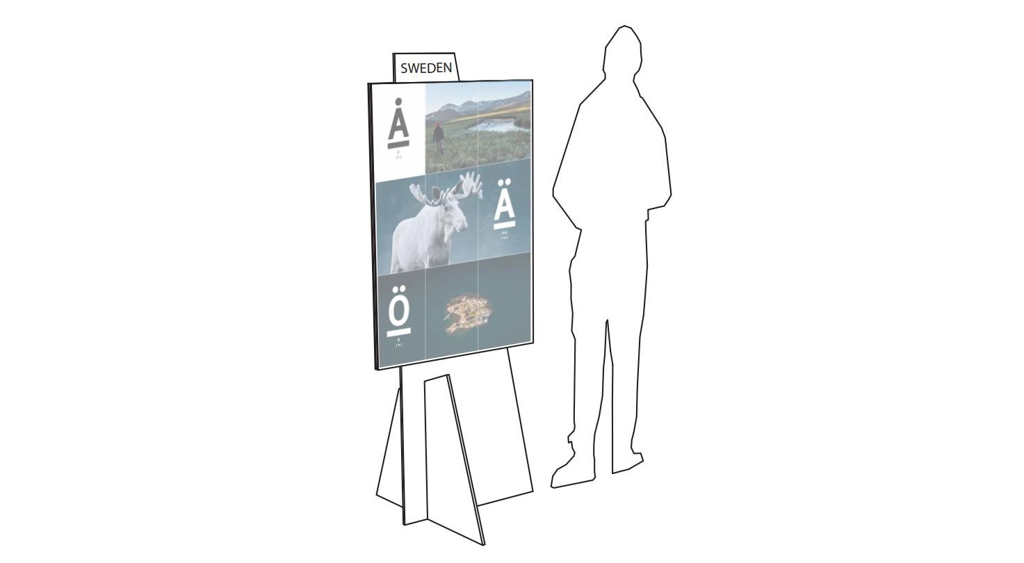 A module with a poster on it and the silhouette of a person. 