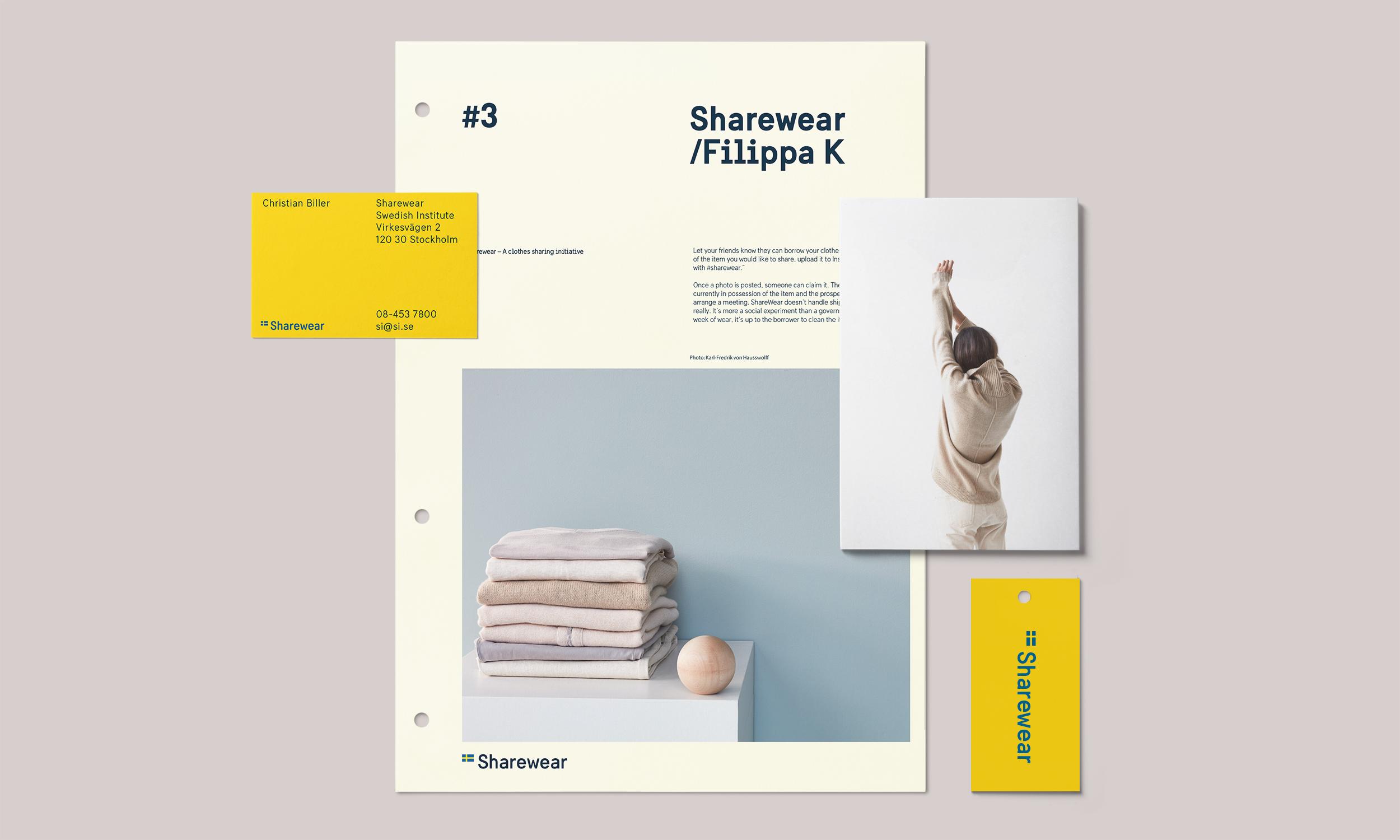 Small poster design in Grain Yellow (background) and Dark Dawn Blue (text) with a picture of stacked clothes from Filippa K. Tags and business card set with Sweden Yellow Standard (background).