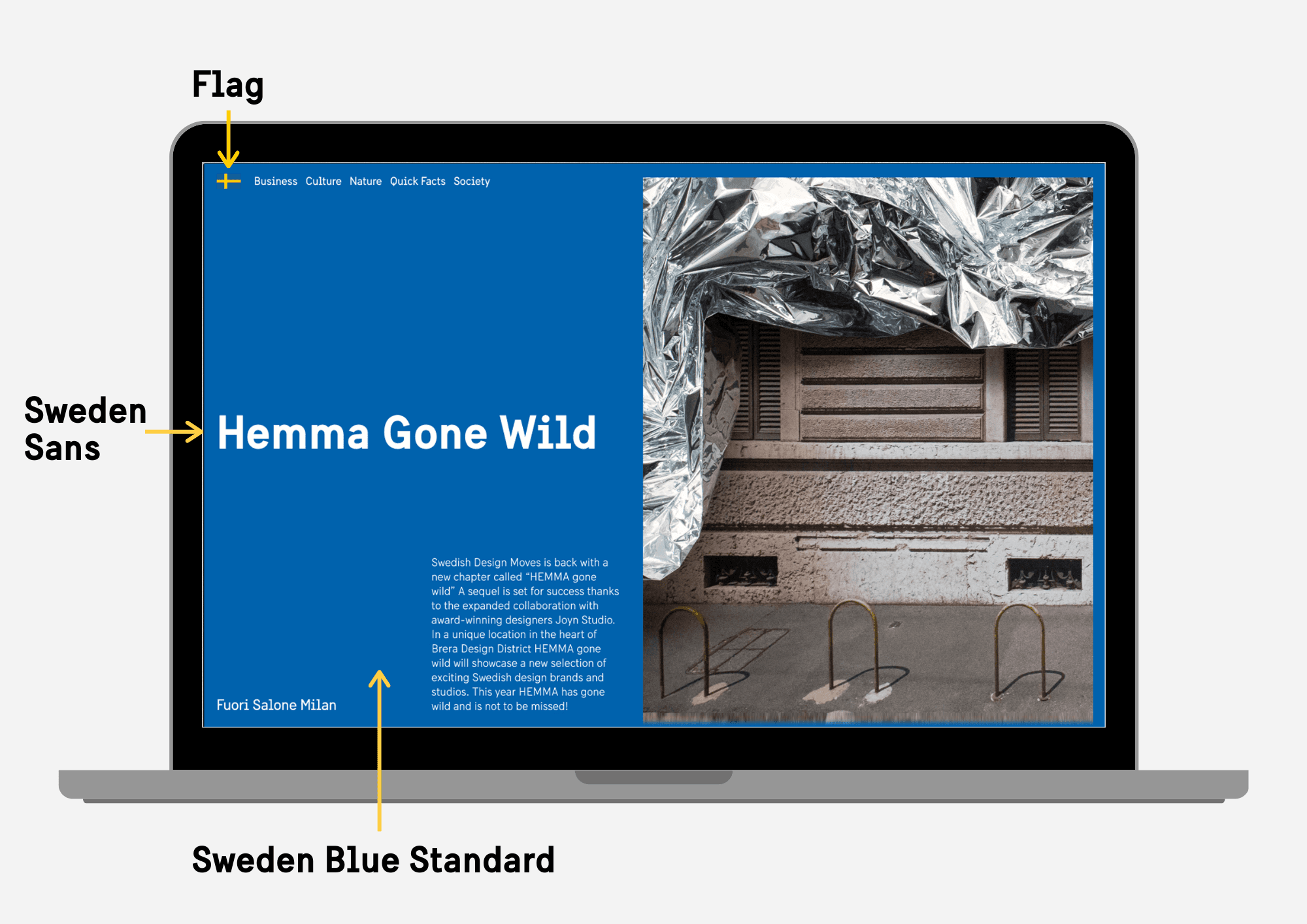 Design layout for a web page, using the colours and typeface of Brand Sweden.