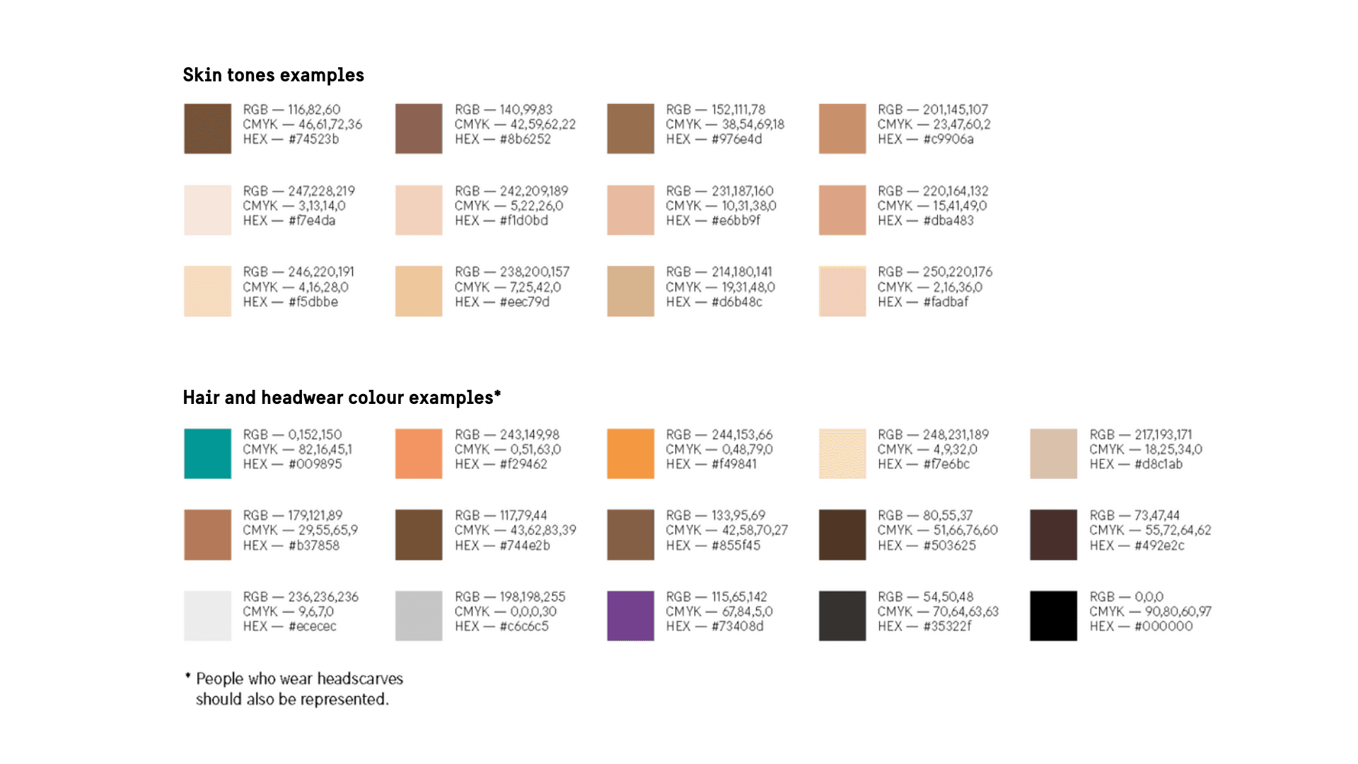 Colour examples for skin tones, as well as hair and headwear.