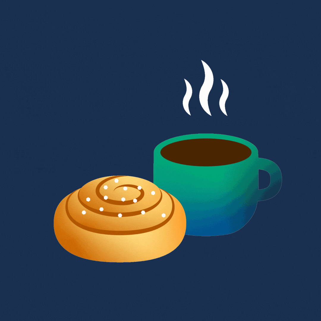 Example of a GIF sticker: a cinnamon bun, a cup of coffee and the word &quot;fika&quot;.