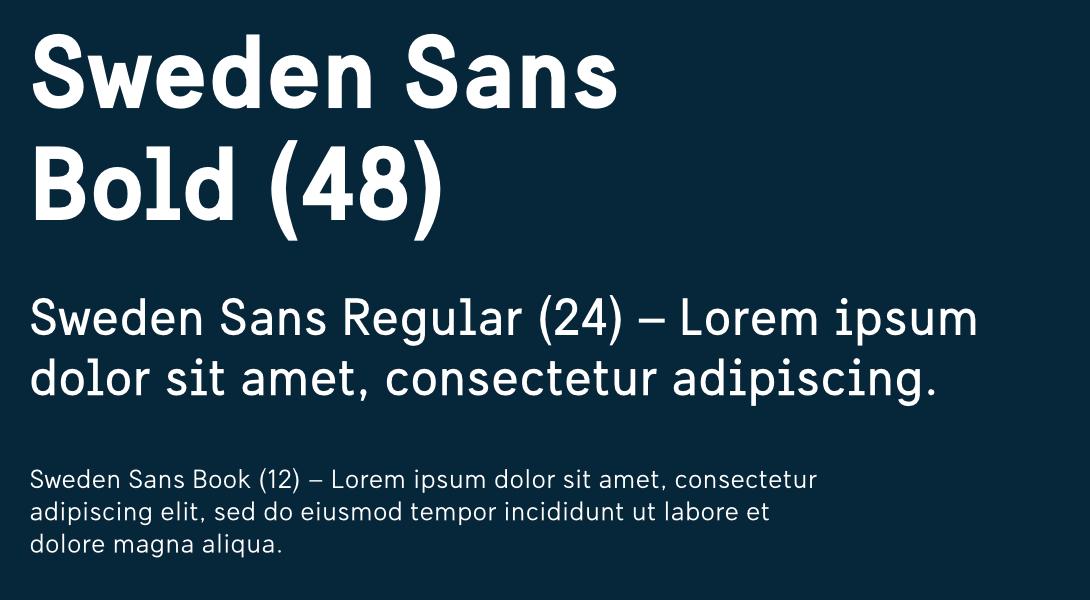Light text on dark blue background showing example of how to pair different Sweden Sans weights.