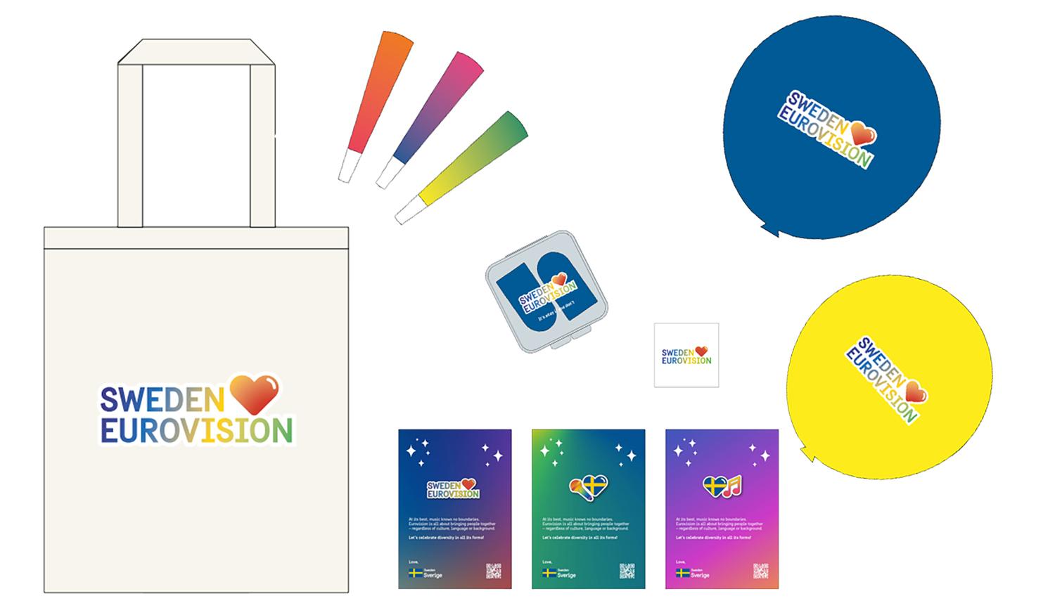 Different kinds of merch such as balloons, pins and tote bags, 