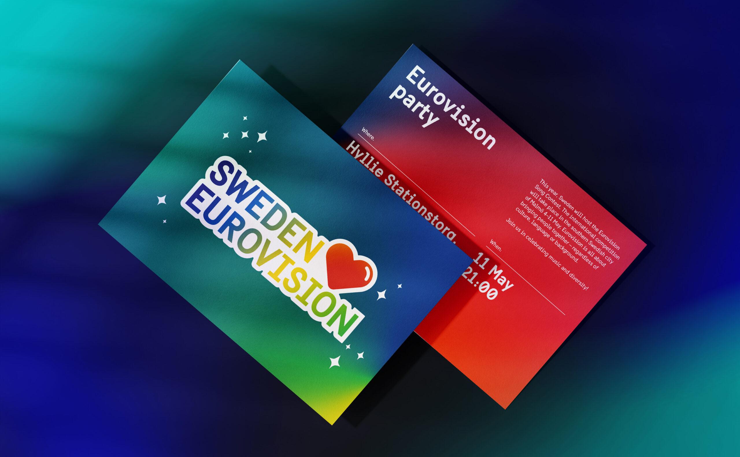 Invititation card for a Eurovision party with the title 'Sweden loves Eurovision'.