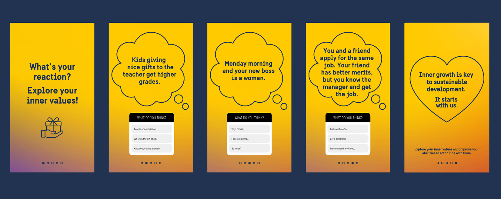 A story consisting of 5 images starting with the question 'What's your recation?' Explore your winner values'. 