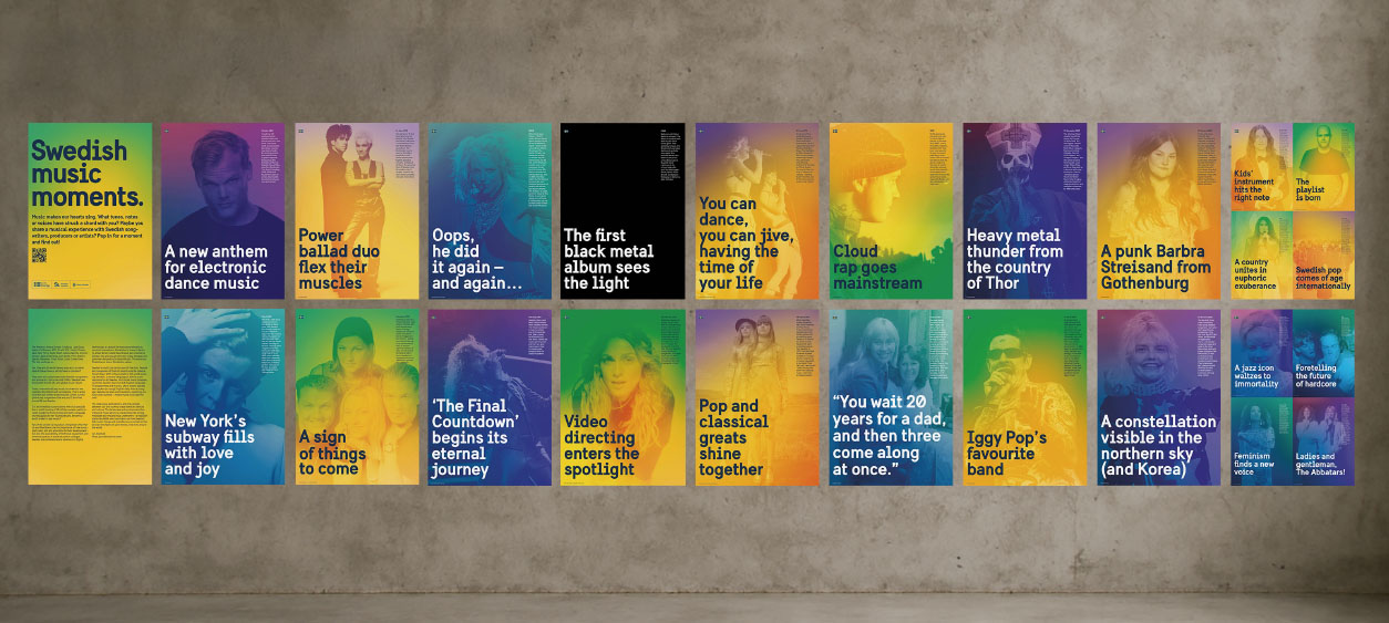 Posters of  music artists and bands including ABBA, Avicii, Cazzi Opeia and Ghost. 