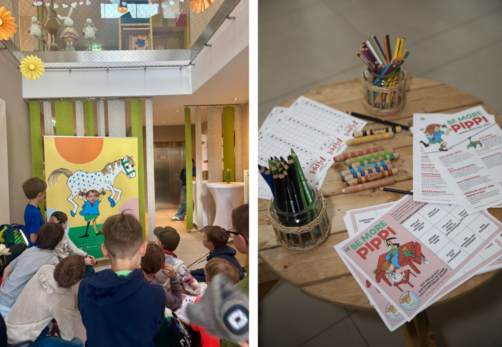 Children using the Pippi cutout board and a table with crafting materials.