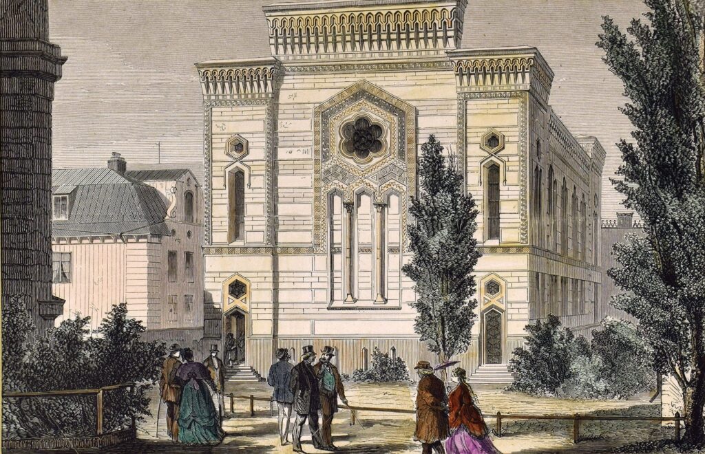 A drawing of a synagogue and people.