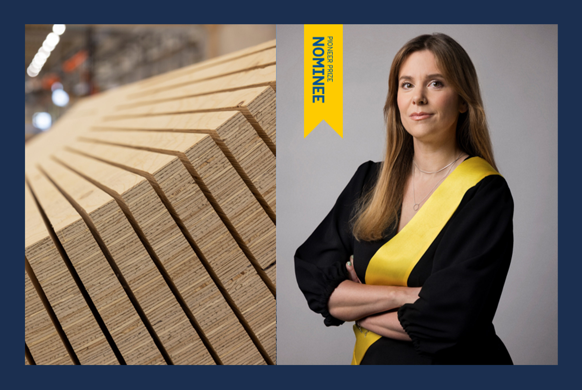 Wood material and a woman in a yellow sash.