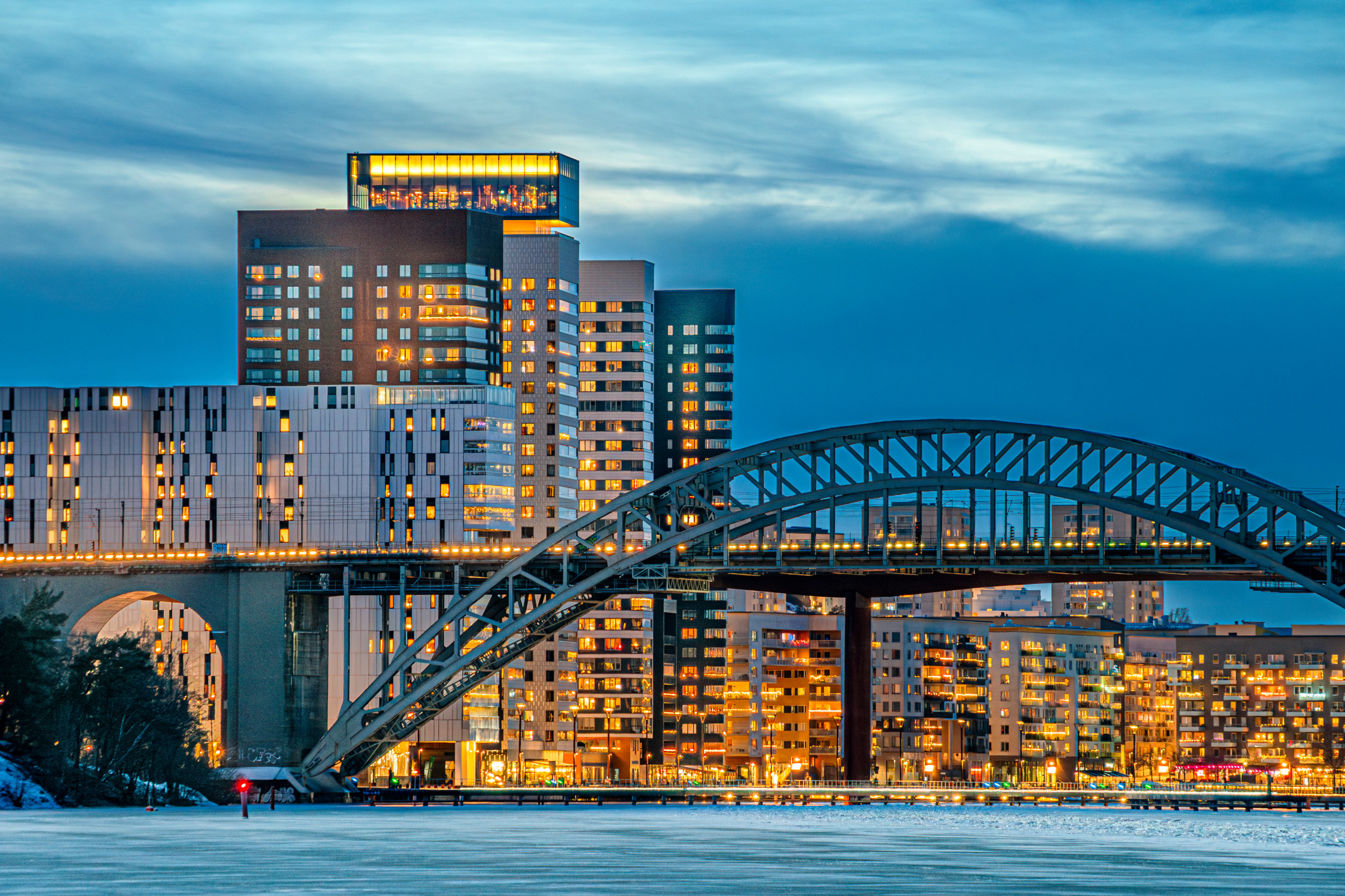 A well-lit city landscape.