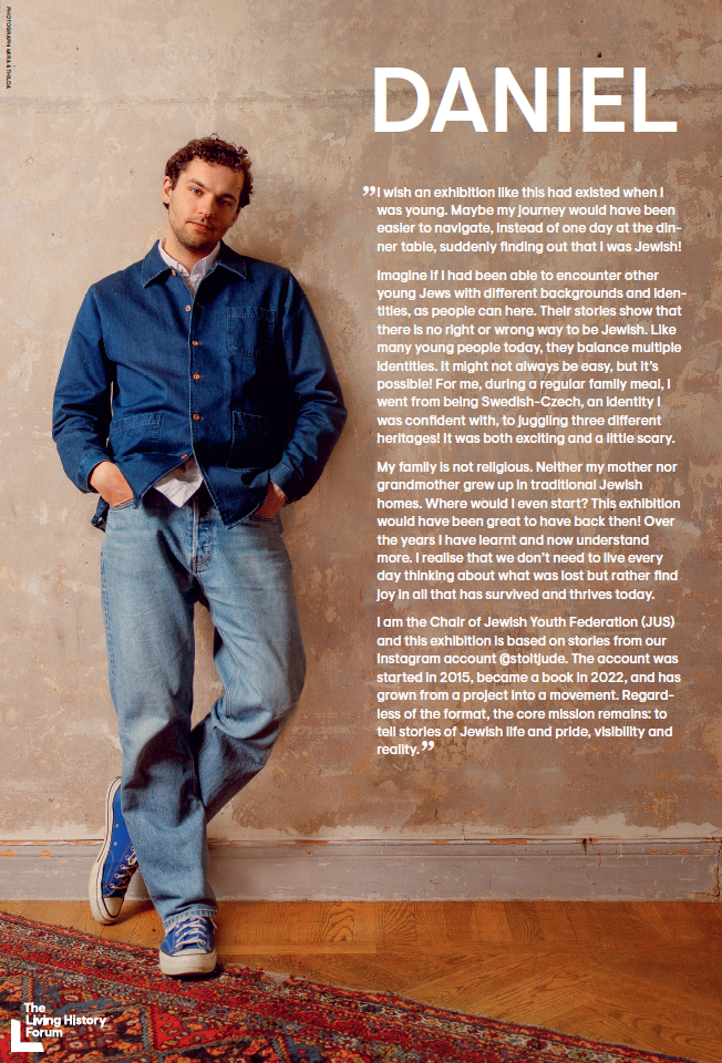 Image of Daniel standing up all dressed in jeans clothing with his story written next to him.