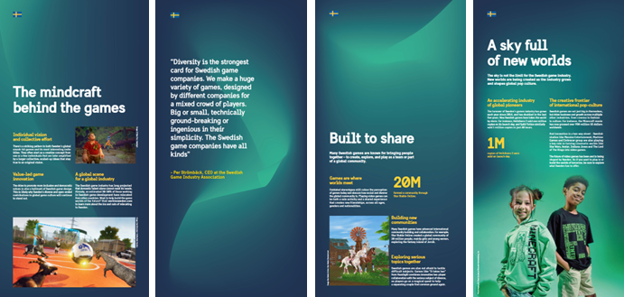 Four posters on creativity, inclusivity, collaboration, community and export.