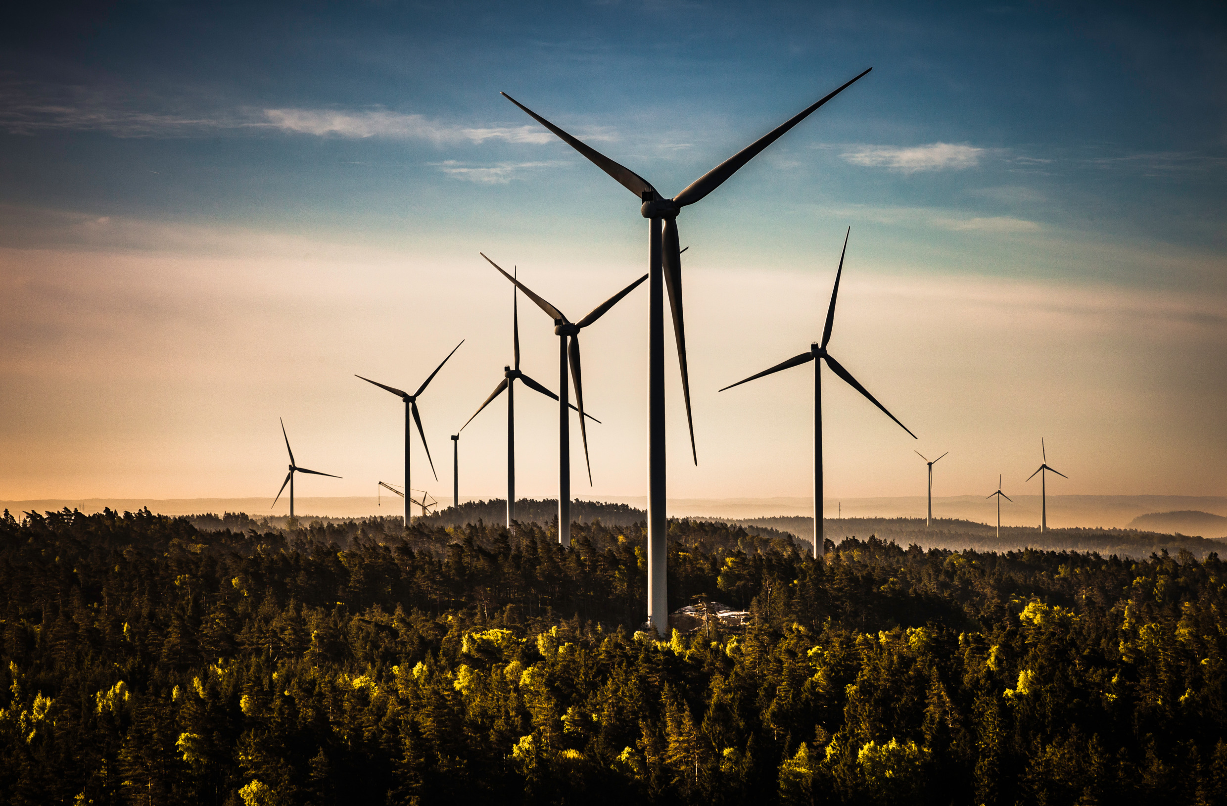 Wind turbines at dusk in a forest landscape with fall colours.